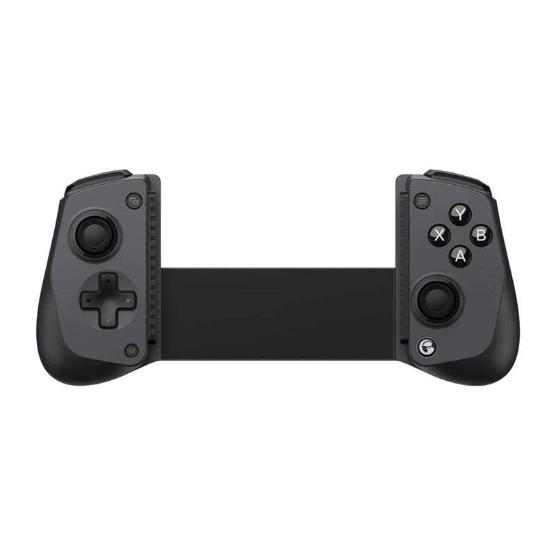 Ein schwarzer Gaming-Controller mit Doppelgriffen und verschiedenen Steuerungstasten, entwickelt, um ein Smartphone in der Mitte für mobiles Gaming zu halten.