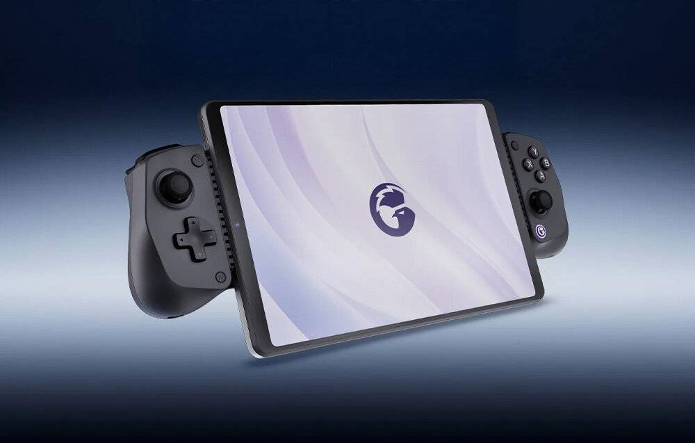 Eine tragbare Spielkonsole mit abnehmbaren Controllern und einem Bildschirm, auf dem ein stilisiertes Adler-Logo auf einem blauen Farbverlaufshintergrund angezeigt wird.
