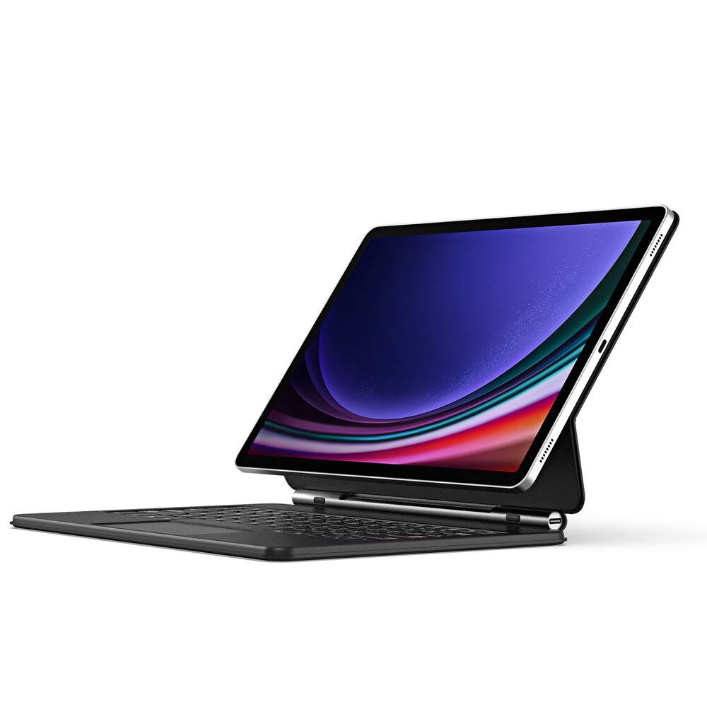 Ein Tablet mit schlankem Design ist an einer Tastatur befestigt und in einem Winkel positioniert. Der Bildschirm zeigt einen farbenfrohen Farbverlaufshintergrund an.