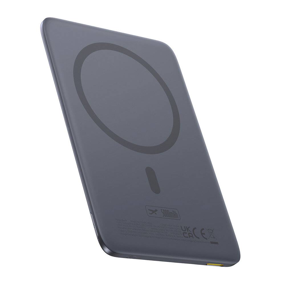 Eine schlanke, dunkelgraue tragbare Powerbank mit einem runden magnetischen Ladebereich, geeignet zum kabellosen Laden kompatibler Geräte.