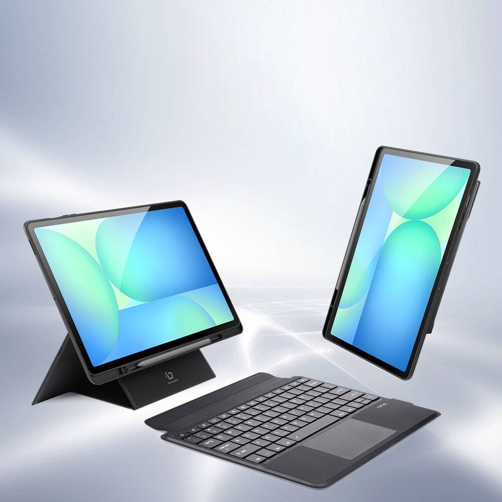 Zwei Tablets mit hellen Bildschirmen werden gezeigt; eines ist mit einer Tastatur verbunden, was Vielseitigkeit für Arbeit und Unterhaltung suggeriert.