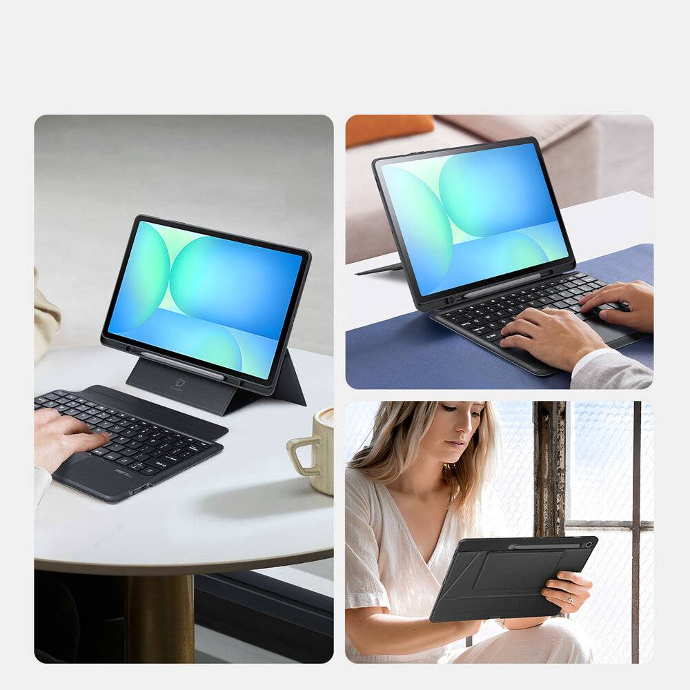 Tablet mit abnehmbarer Tastatur in verschiedenen Situationen dargestellt: auf einem Tisch, mit einer Person beim Tippen und in Händen gehalten, wobei die Vielseitigkeit hervorgehoben wird.