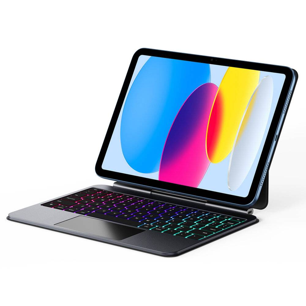 Ein Tablet mit einem farbenfrohen abstrakten Bildschirm ist mit einer Tastatur mit beleuchteten Tasten verbunden und verwandelt sich in ein kompaktes Laptop-Setup.