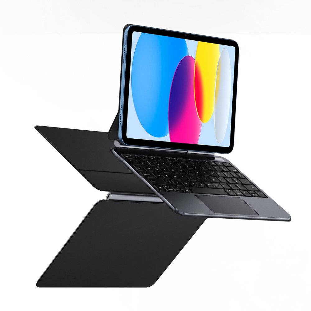 Ein Tablet mit einem farbenfrohen Display ist mit einer Tastatur verbunden und bildet ein kompaktes Laptop-Setup.