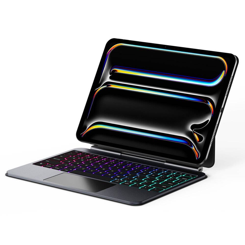 Laptop mit einer farbenfrohen, beleuchteten Tastatur, leicht angewinkelt geöffnet.