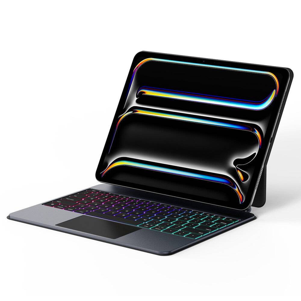 Ein schlanker Laptop mit einer bunten beleuchteten Tastatur und geschwungenen Linienmustern auf dem Bildschirm, vor einem weißen Hintergrund.