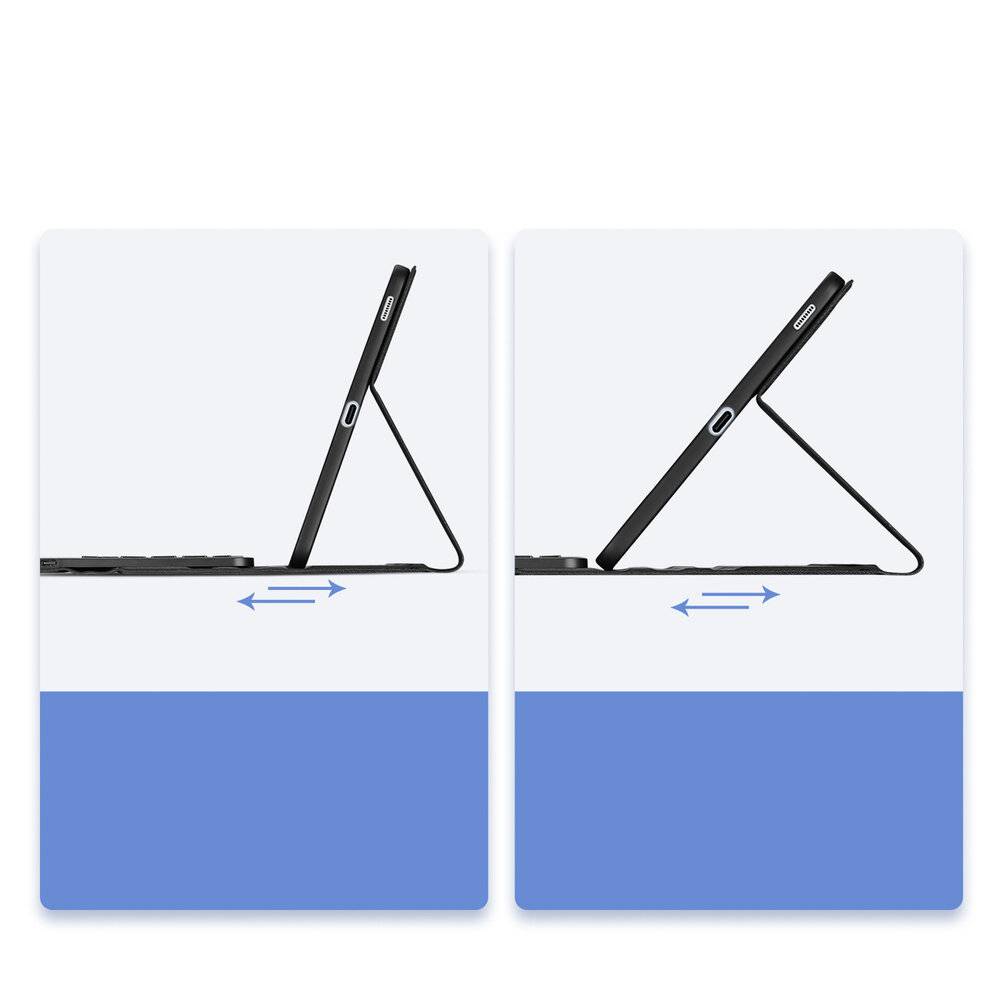 Zwei Tablets in Seitenansicht, jeweils mit einer Tastaturabdeckung. Das erste ist breiter geöffnet, das zweite etwas schmaler, wobei verstellbare Winkel veranschaulicht werden.