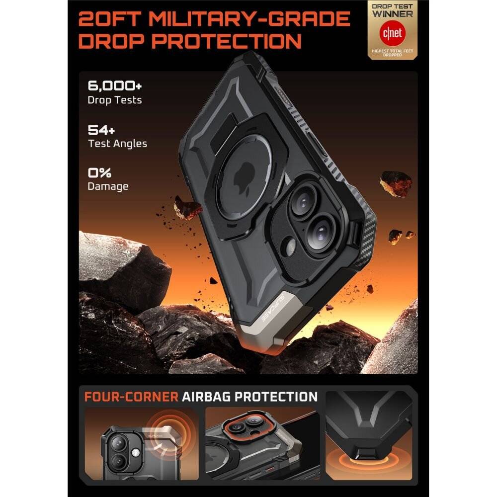 Bild einer robusten Handyhülle mit Text: '20 Fuß Militärqualitäts-Fallschutz', '6.000+ Falltests', '54+ Testwinkel', '0% Beschädigungen'. Hebt 'Vier-Ecken-Airbag-Schutz' hervor.