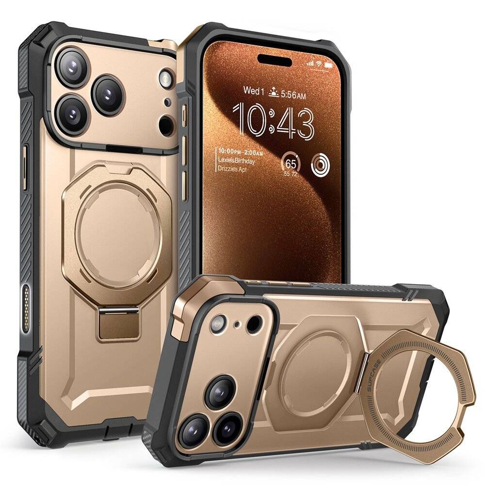 Ein Smartphone mit einem robusten Gehäuse in Gold, das einen kreisförmigen Halter und verstärkte Ecken aufweist, wobei der Startbildschirm mit Uhrzeit und Datum angezeigt wird.
