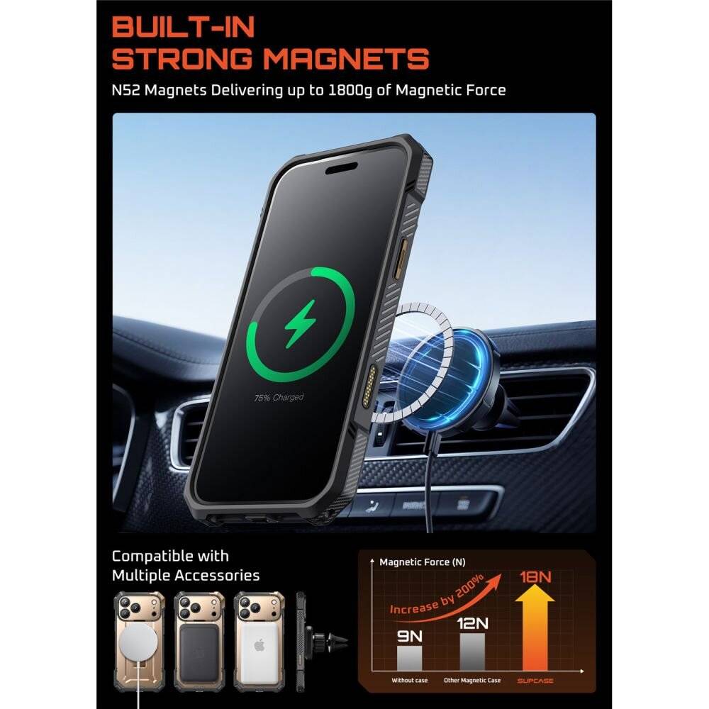 Das Bild zeigt ein Handygehäuse mit eingebauten starken Magneten, das eine magnetische Kraft von bis zu 1800g liefern kann und mit mehreren Zubehörteilen kompatibel ist. Ein Diagramm vergleicht die magnetische Kraft und zeigt einen Anstieg von 9N auf 18N.