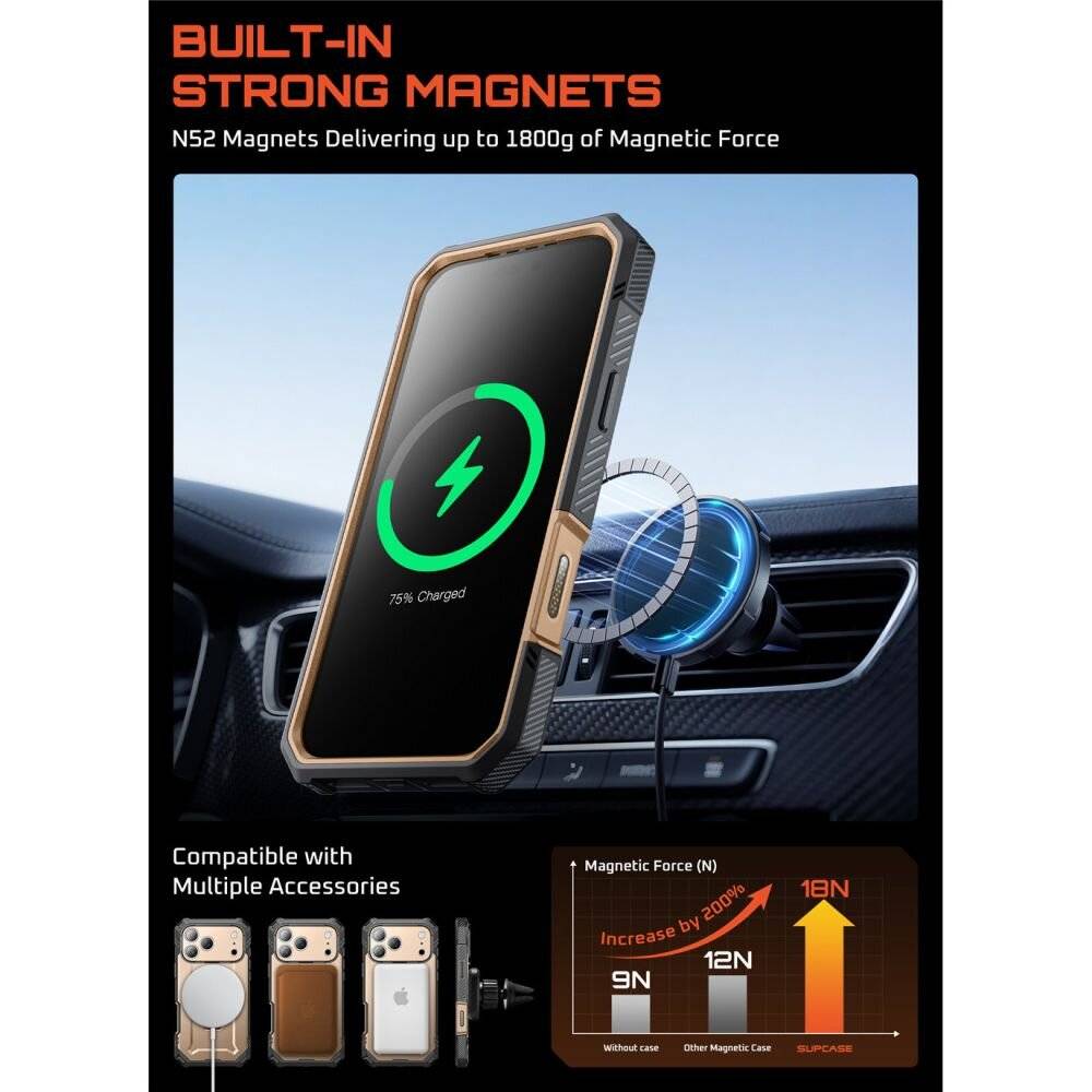 Ein Smartphone mit magnetischer Hülle wird auf einer Autohaltung gezeigt und lädt kabellos auf. Der Text lautet „Eingebaute starke Magnete