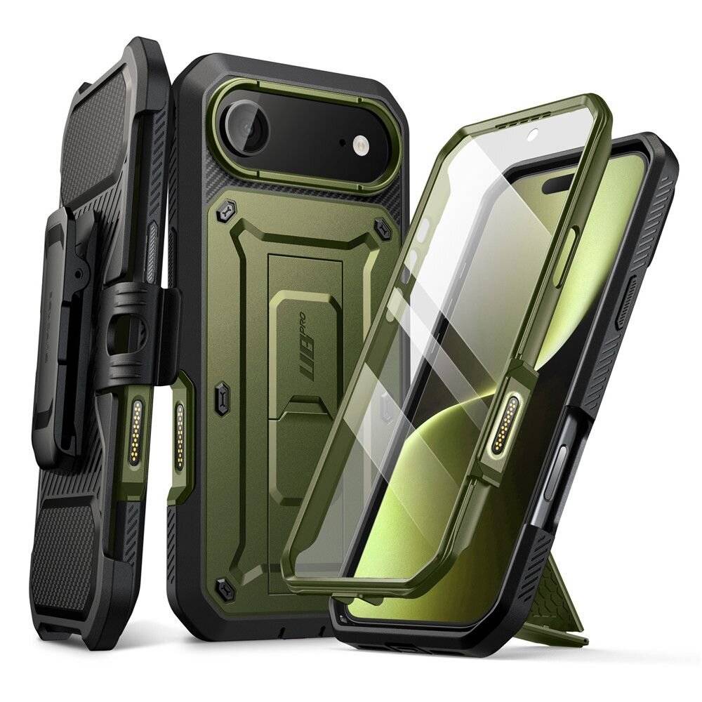Robuste grün-schwarze Smartphone-Hülle mit verstärkten Ecken und integriertem Ständer, entwickelt für verbesserten Schutz und Funktionalität.