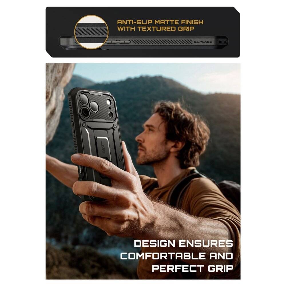 Eine Person hält ein Smartphone mit einer robusten Schutzhülle, die ein „rutschfestes matter Finish mit strukturierter Griffoberfläche