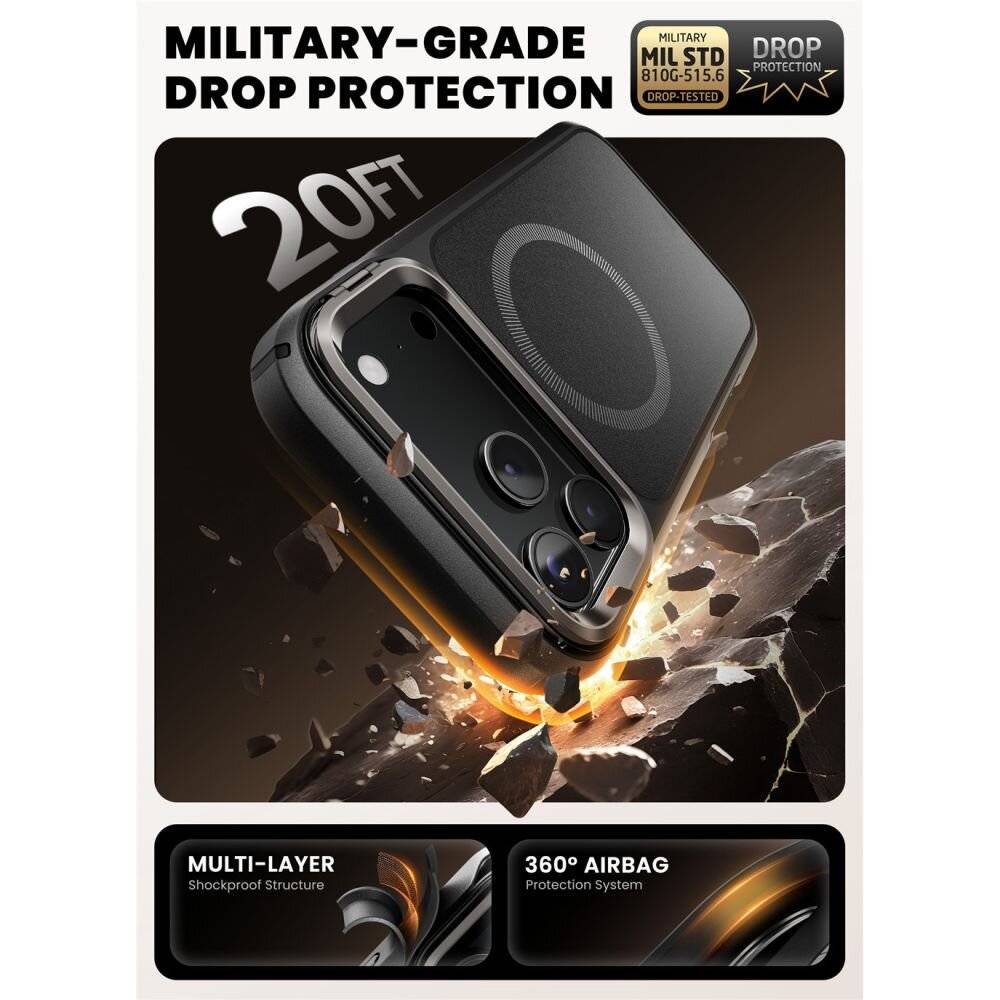 Handyhüllen-Anzeige, die ein Gerät zeigt, das einen 20-Fuß-Sturz übersteht und die Merkmale 