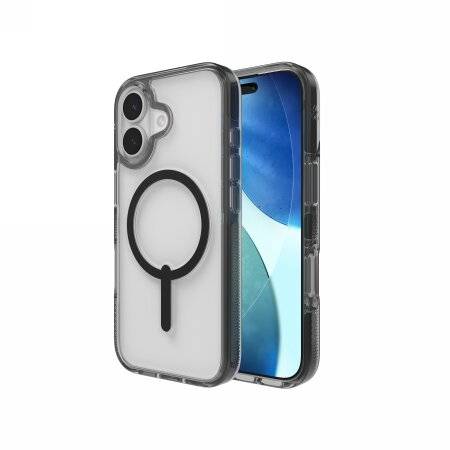 Transparente Handyhülle mit MagSafe-Kompatibilität, mit kreisförmigem schwarzem Magnetdesign, angezeigt auf einem Smartphone.