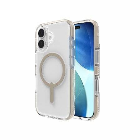 Ein transparantes Handyhülle mit einem goldenen MagSafe-Ring auf der Rückseite passt zu einem iPhone mit blau-weißem Bildschirm.