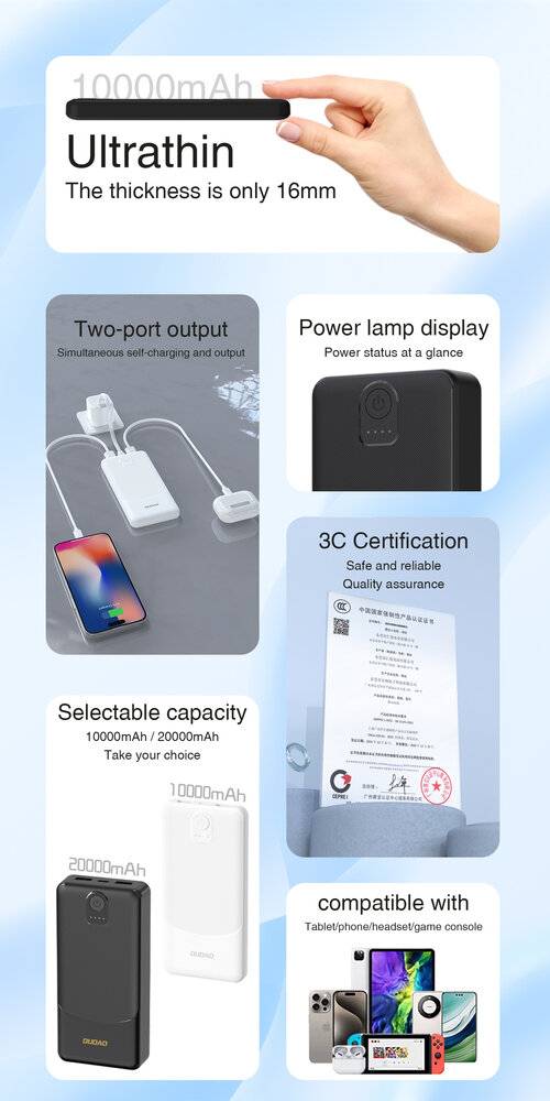 Powerbank-Funktionen: Doppelter Ausgangsanschluss zum Laden, Stromlampenanzeige für den Status, 3C-Zertifizierung für Sicherheit, Kapazitäten von 10000mAh und 20000mAh.