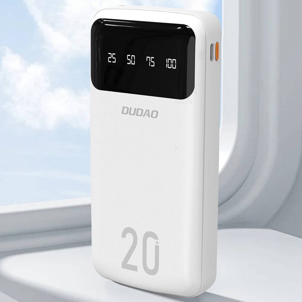 Eine weiße Powerbank mit digitalem Display, das „25, 50, 75, 100