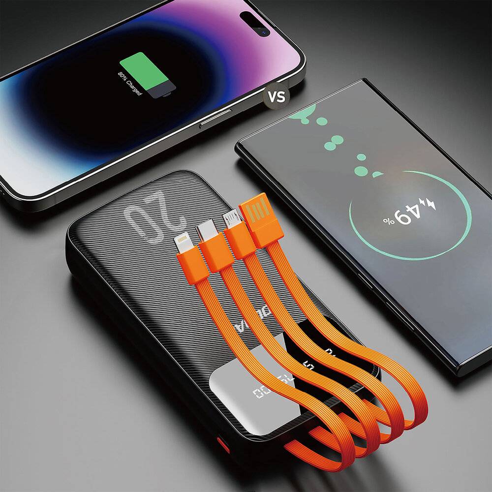 Ein Smartphone lädt kabellos auf einem Pad und zeigt einen Akkustand von 97%, verglichen mit einem über ein Kabel mit einer Powerbank verbundenen Telefon bei 64%.