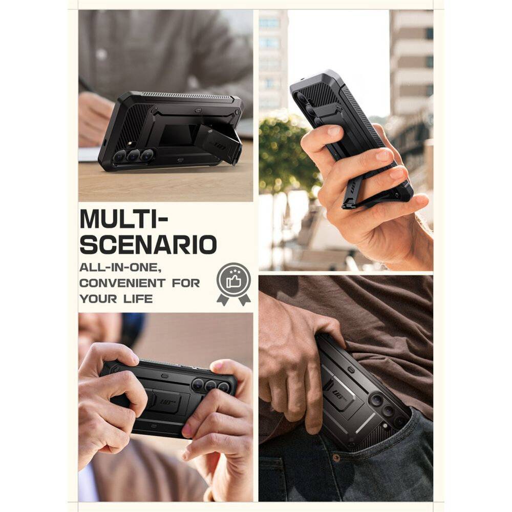 Tragbare Spielkonsole, die in verschiedenen Nutzungsszenarien gezeigt wird und ihre Multifunktionalität und Portabilität hervorhebt. Der Text lautet: „Multi-Szenario, Alles-in-einem, bequem für dein Leben.