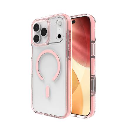 Ein Smartphone in einer rosa und durchsichtigen Schutzhülle, das seine Rück- und Vorderseite zeigt. Die Hülle hat ein kreisförmiges Magnetdesign auf der Rückseite.