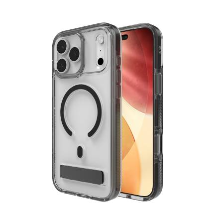 Ein durchsichtiges Smartphone-Case mit MagSafe-Kompatibilität und doppeltem Kameraausschnitt, abgebildet mit einem stilisierten Telefonhintergrund.