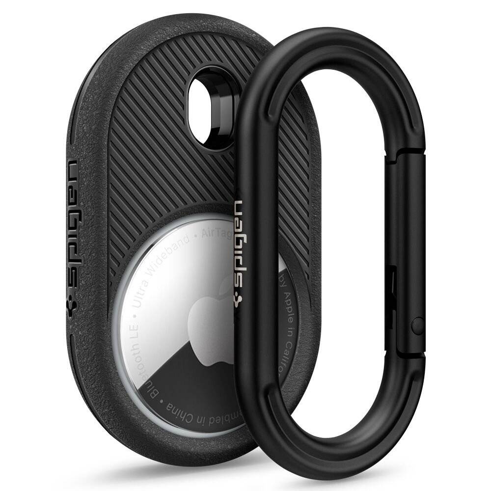 Ein schützender schwarzes Etui mit Karabiner für einen Apple AirTag, auf dem die Marke 