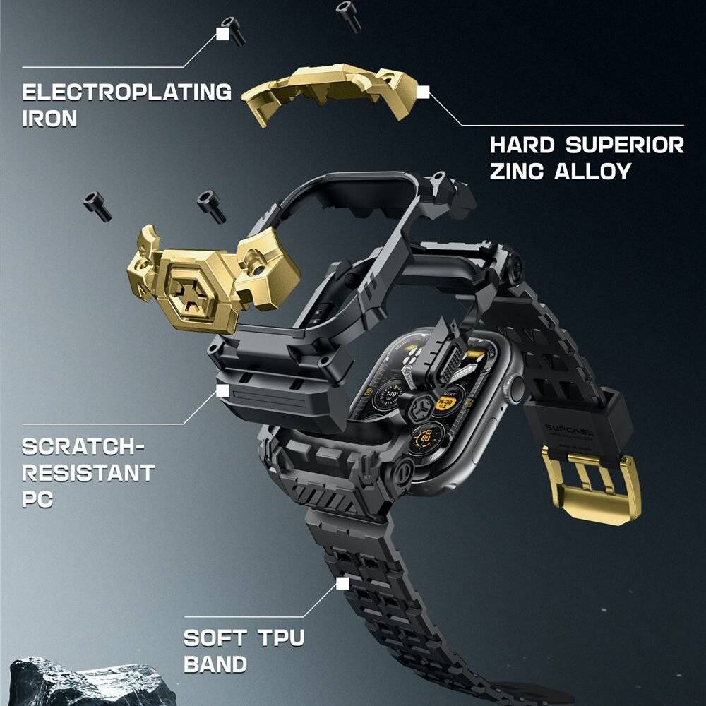 Eine robuste Uhr mit Beschriftungen, die Komponenten zeigen: Galvanisiertes Eisen, hart Zinklegierung, kratzfestes PC und weiches TPU-Armband.