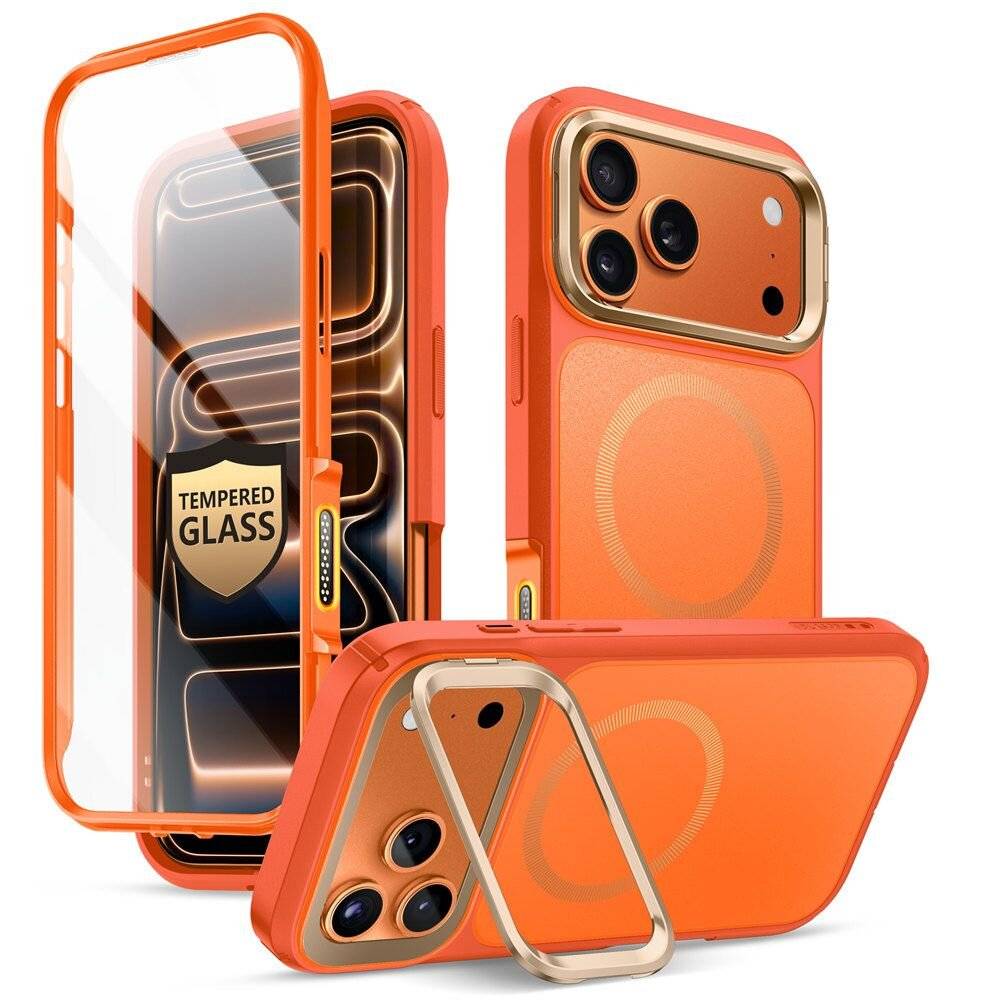 Leuchtend oranges Smartphone-Gehäuse mit gehärterter Glasschutzfolie, das ein Drei-Kamera-Objektiv-Design und MagSafe-Kompatibilitätsfunktion aufweist.