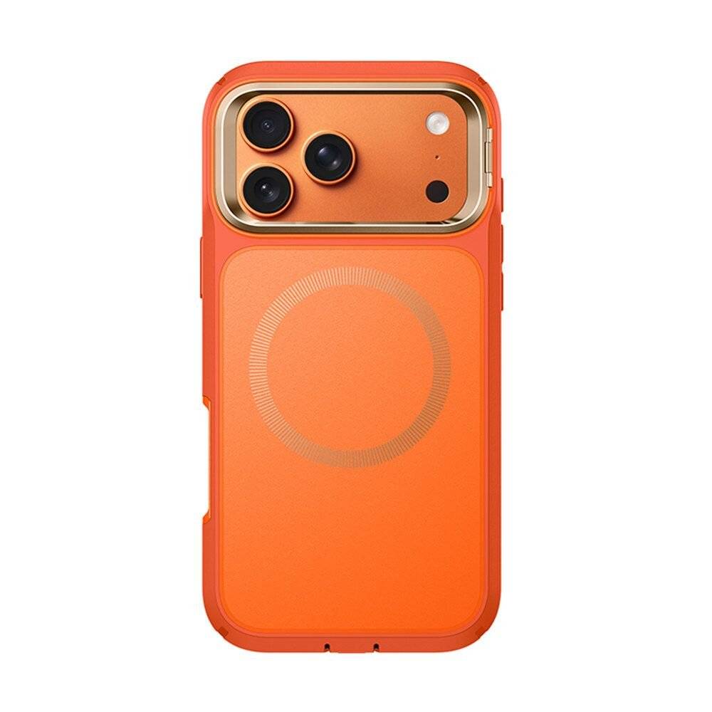 Orange Smartphone mit Triple-Kamera, Schutzhülle und sichtbarem MagSafe-Ring auf der Rückseite.