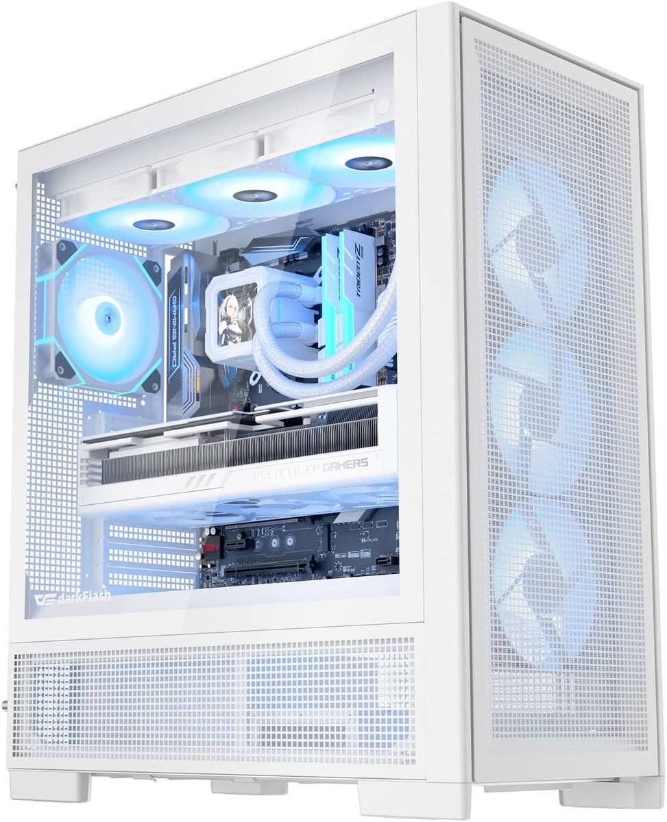 Ein weißes Gaming-PC-Gehäuse mit blauen LED-Lüftern, die durch das Seitenpanel sichtbar sind und interne Kühlkomponenten sowie Grafikhard-ware präsentieren.