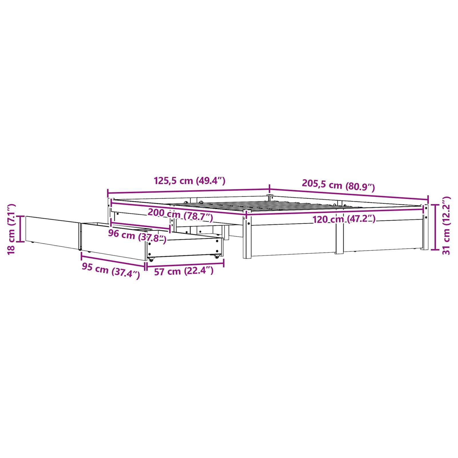 „Diagramm eines Doppelbettgestells in Zwillingsgröße mit Schubladen zur Aufbewahrung. Abmessungen: 205,5 cm Länge, 125,5 cm Breite, 31 cm Höhe.