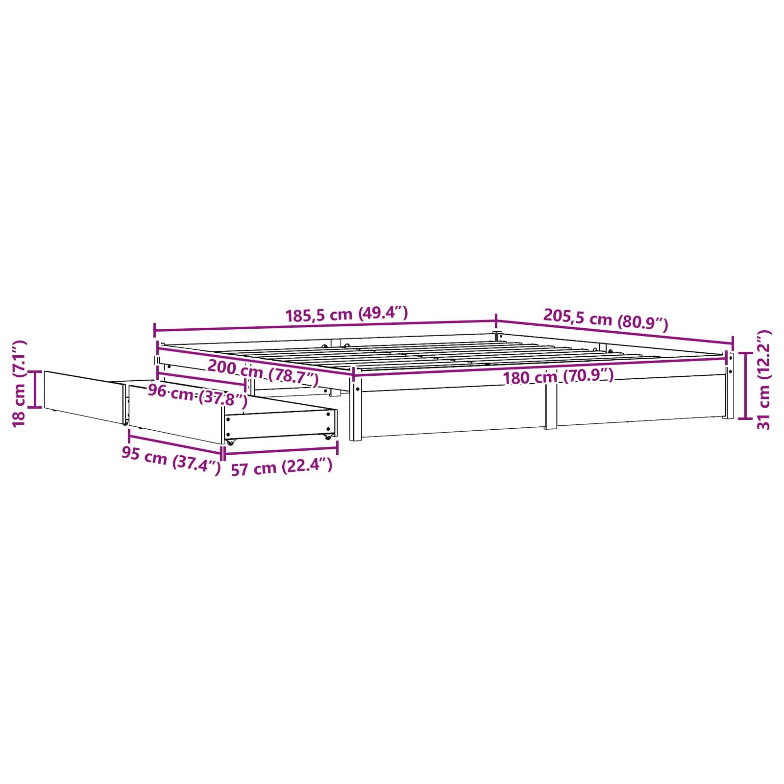 Erhöhtes Bettrahmens Abmessungen: 205,5 cm lang, 185,5 cm breit, 31 cm hoch. Die ausziehbare Verlängerung erhöht die Breite auf 200 cm und die Höhe auf 18 cm.