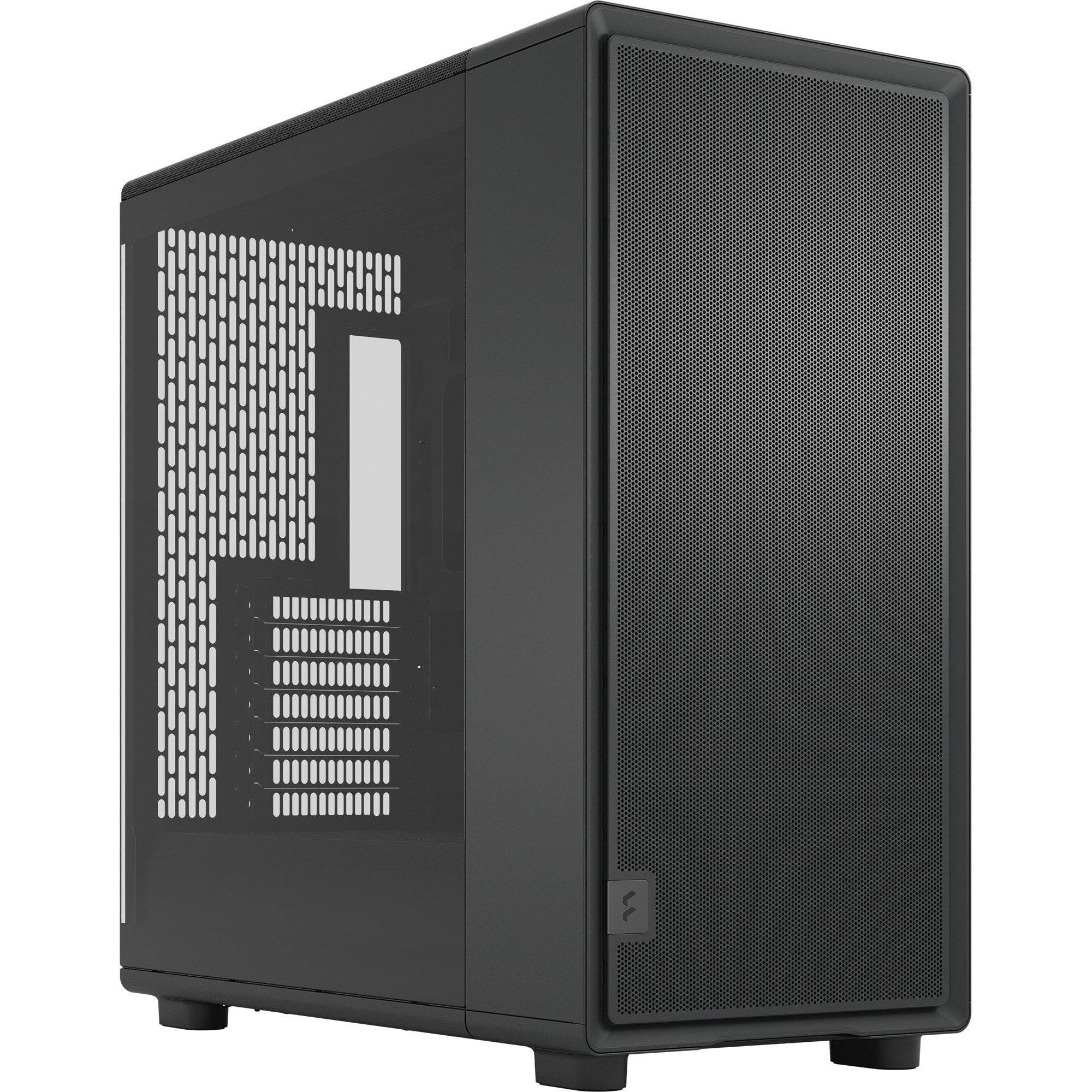 Ein schwarzes, rechteckiges Computergehäuse mit einer Mesh-Frontplatte und transparenter Seitenwand, das sein leeres Inneres zur Montage von Komponenten zeigt.