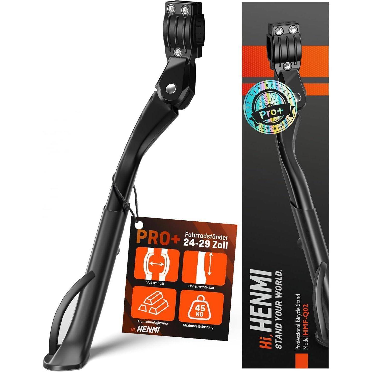 HEMMI Fahrradständer 24-29 Zoll' Fahrradständer mit verstellbarer Höhe, unterstützt bis zu 45 kg. Schwarzes Design mit Verpackungsetikett gezeigt.