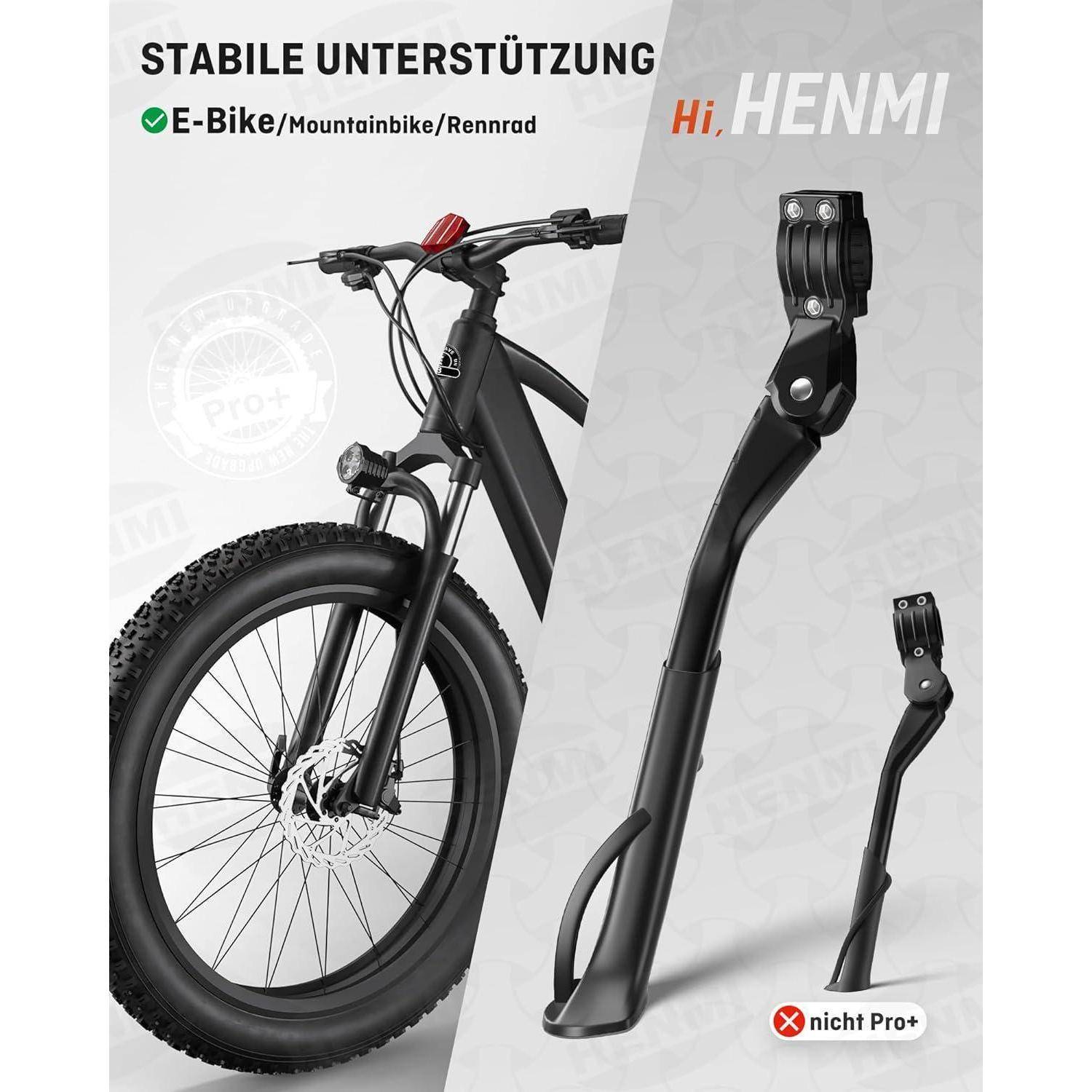 Ein E-Bike-Ständer-Angebot, das ein schwarzes Fahrrad mit dicker Bereifung auf der linken Seite und zwei Arten von Ständern auf der rechten Seite zeigt. Text: 'STABILE UNTERSTÜTZUNG', 'E-Bike/Mountainbike/Rennrad', 'nicht Pro+'.