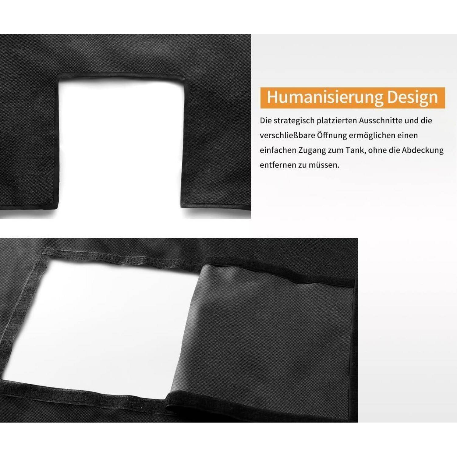 Nahaufnahme einer Stoffabdeckung mit einer rechteckigen Öffnung; der Text hebt „Humanisierung Design