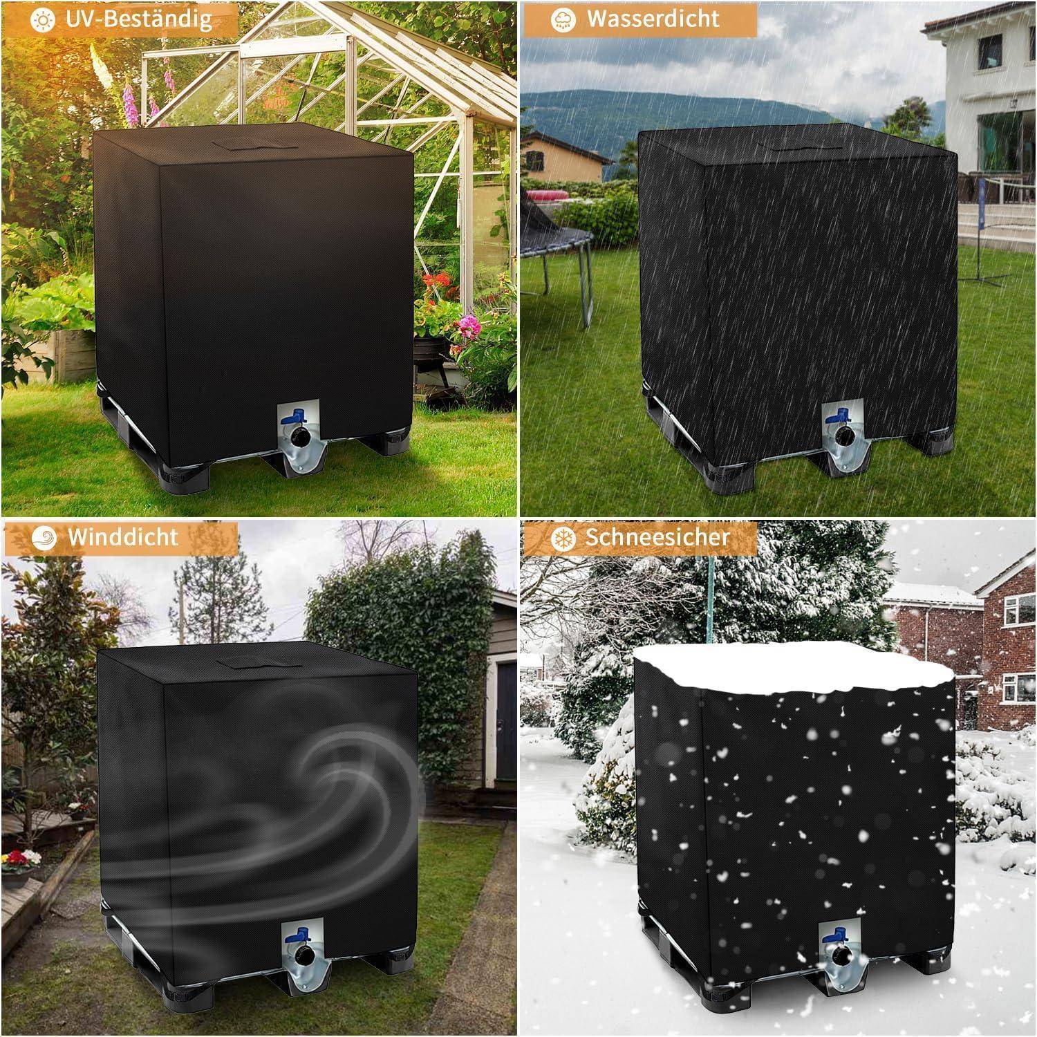 Vier Bilder, die eine schwarze Schutzhaube zeigen, die Ausrüstung im Freien unter verschiedenen Wetterbedingungen schützt: Sonne, Regen, Wind und Schnee.
