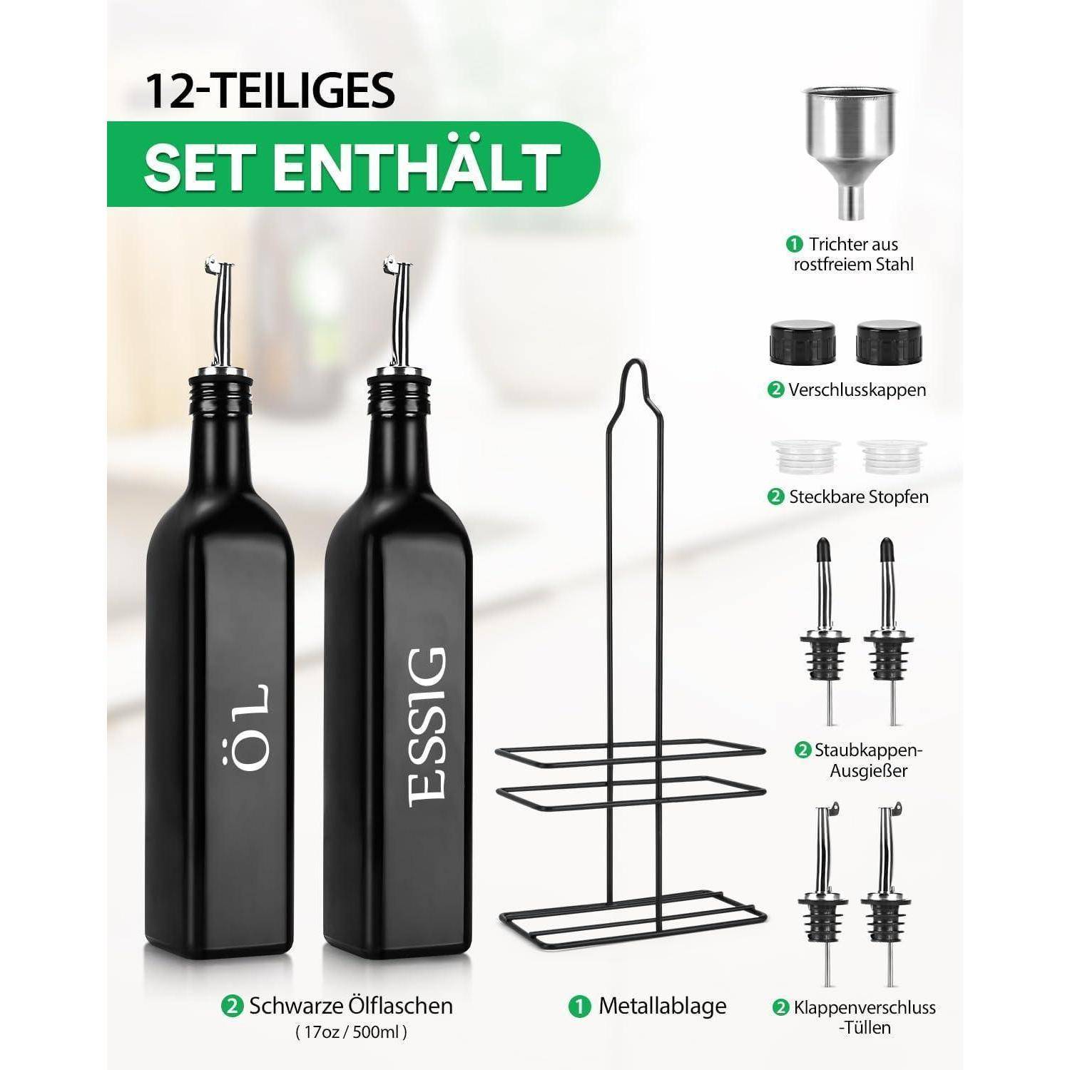 12-teiliges Set mit Öl- und Essigspender, Metallhalter. Inklusive Edelstahltrichter, Kappen, Stopfen, Ausgießer.