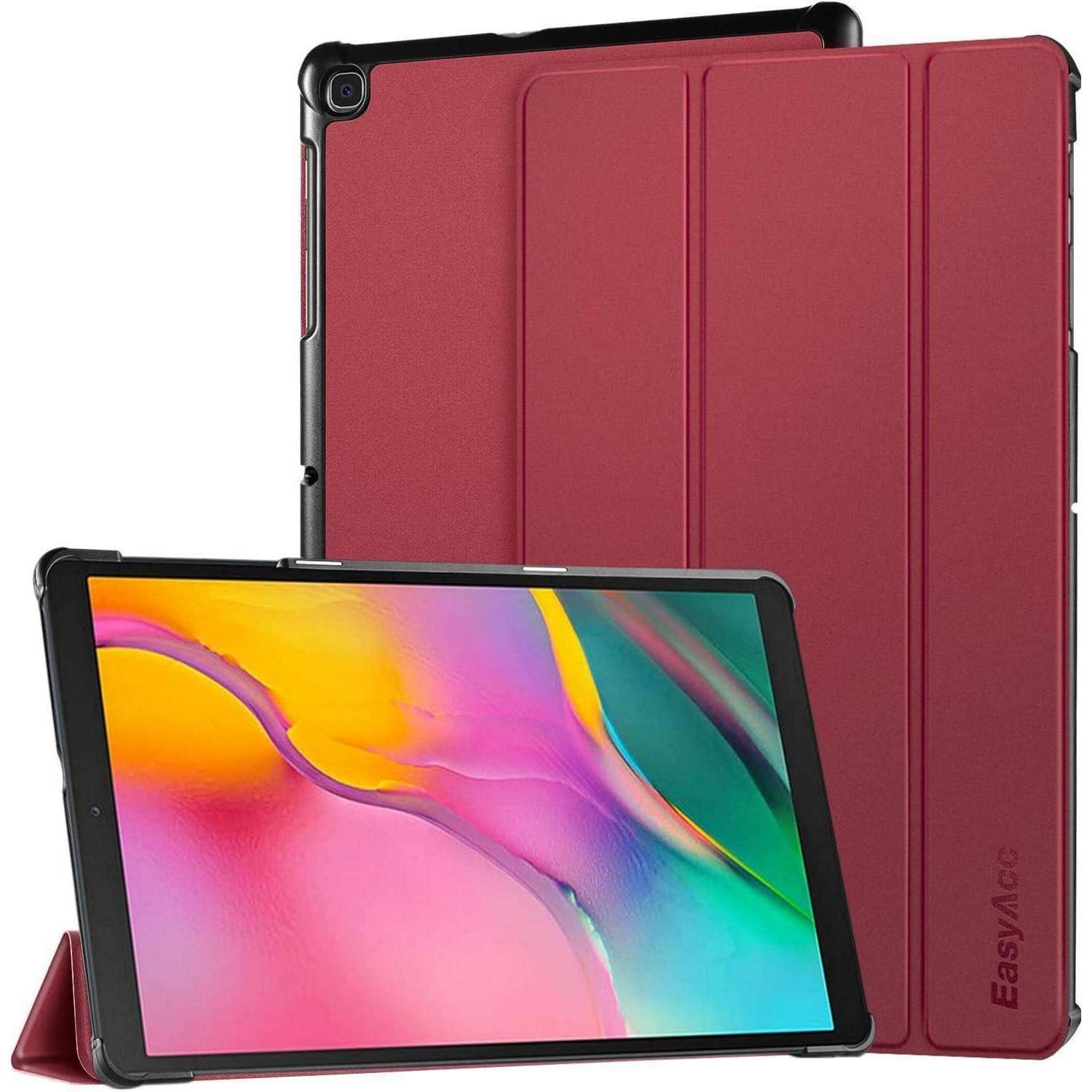 Tablet mit farbenfrohem Display in einem roten Gehäuse, das abstrakte Kunst zeigt. Das Gehäuse ist offen, vertikal positioniert und ermöglicht es dem Gerät, zu stehen.