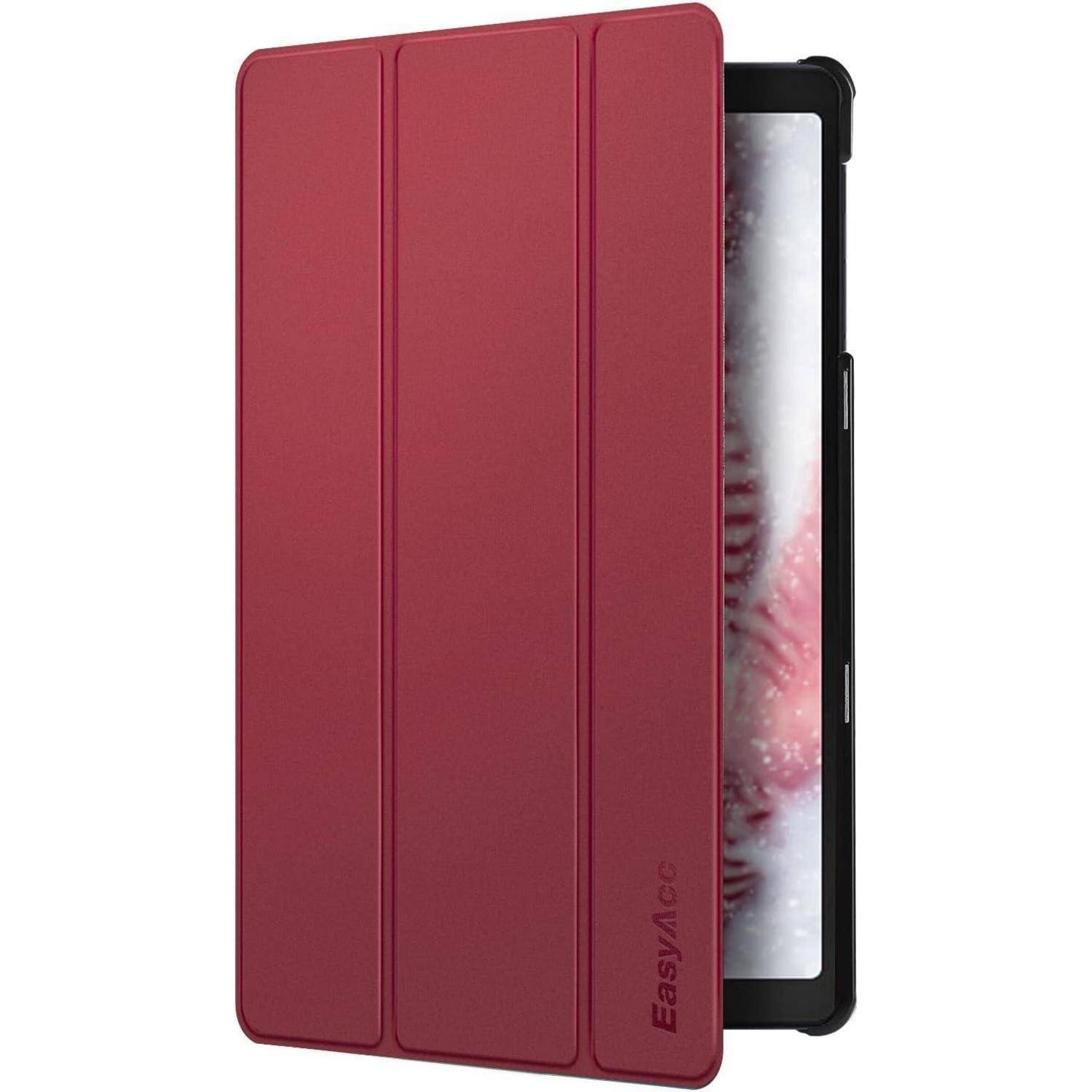 Ein rotes Tablet-Etui, das einen Tablet-Bildschirm teilweise abdeckt, auf dem eine Nahaufnahme einer schneebedeckten roten Blume angezeigt wird.