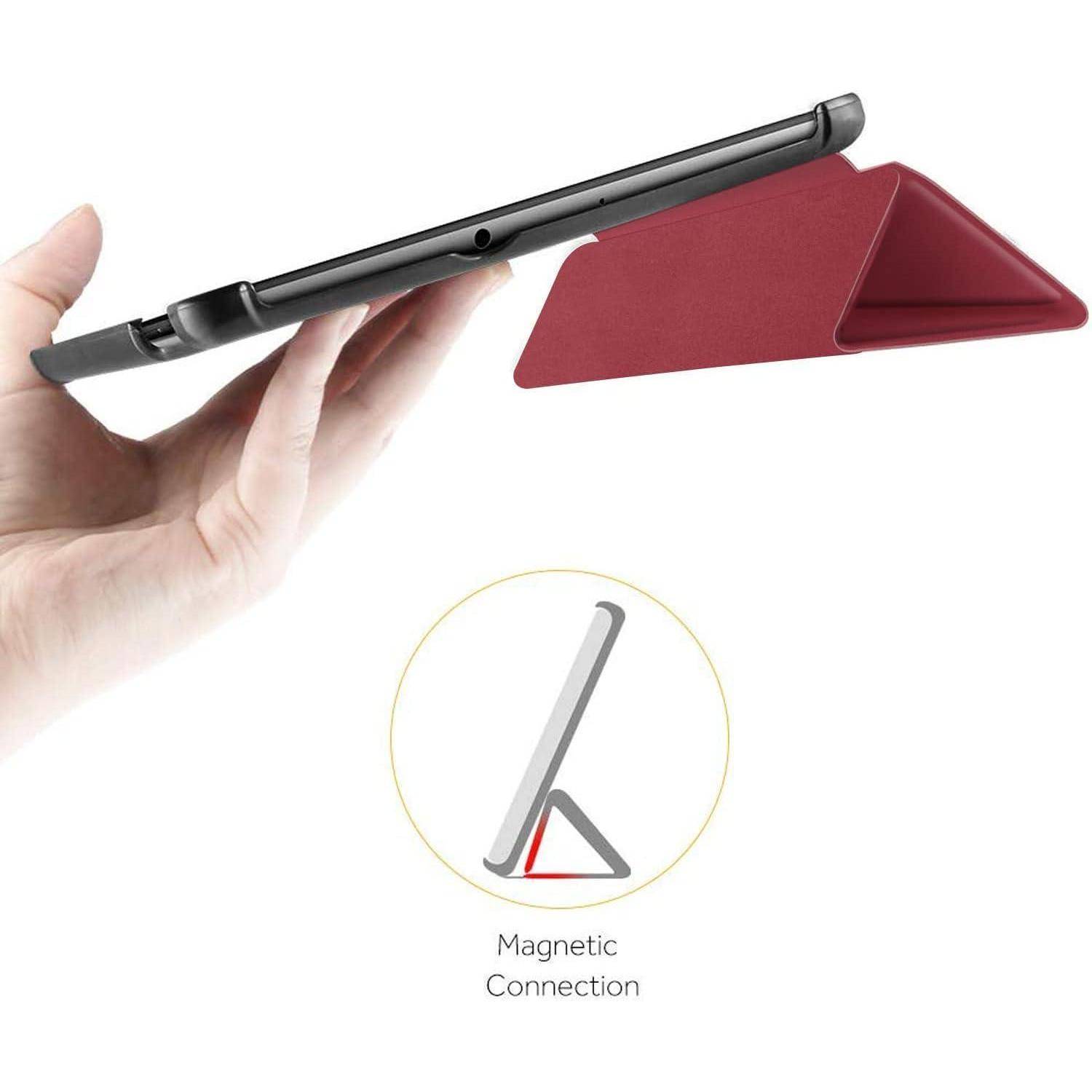 Eine Hand hält ein Tablet mit einem roten Klappständer. Eine Illustration darunter zeigt das Tablet auf dem Ständer, beschriftet mit „Magnetische Verbindung