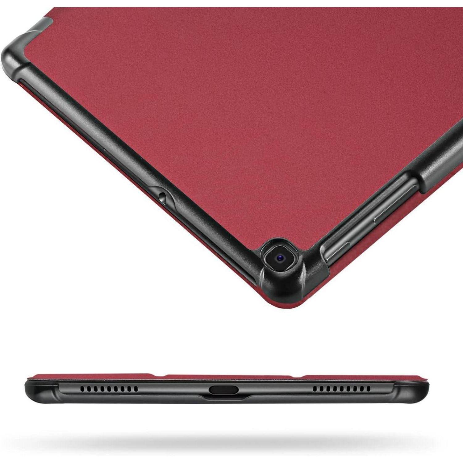 Tablet mit rotem Schutzgehäuse, mit sichtbarem Kameraobjektiv und Tasten-Aussparungen, in Winkellage und von der Unterseite gezeigt.