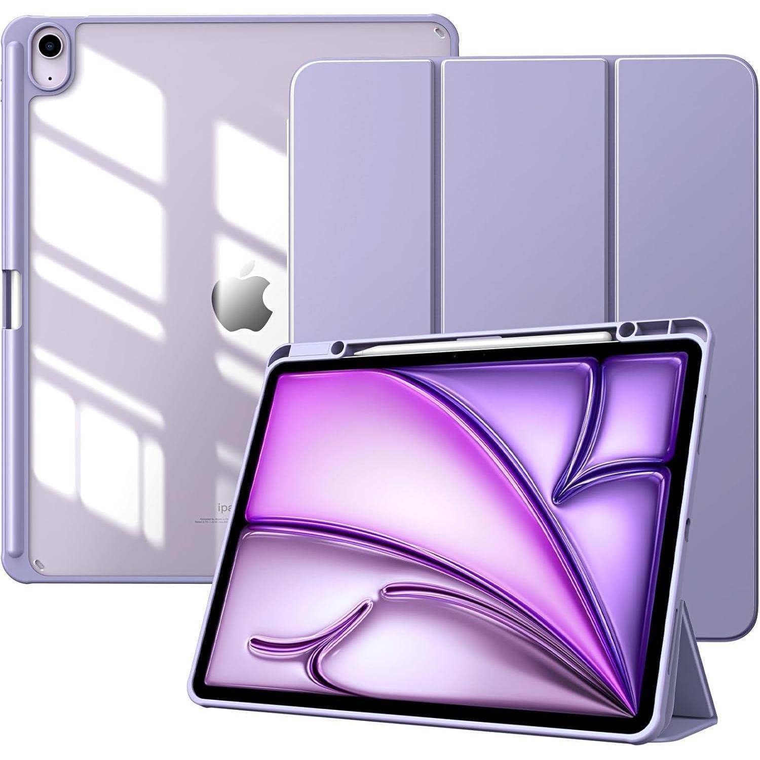 Lila Tablet und passende Schutzhülle mit einem stilisierten lila abstrakten Muster auf dem Bildschirm angezeigt. Apple-Logo auf der Rückseite sichtbar.