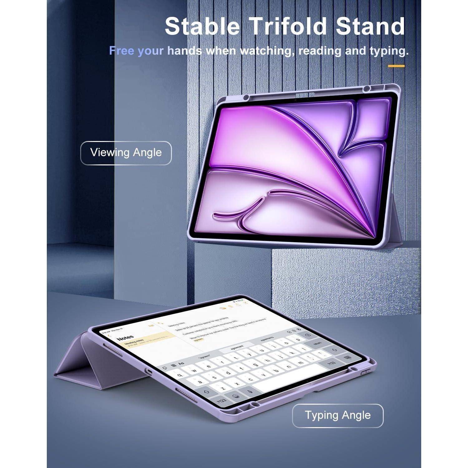 Tablet in einem violetten Dreibein-Ständer, das zwei Positionen zeigt: 