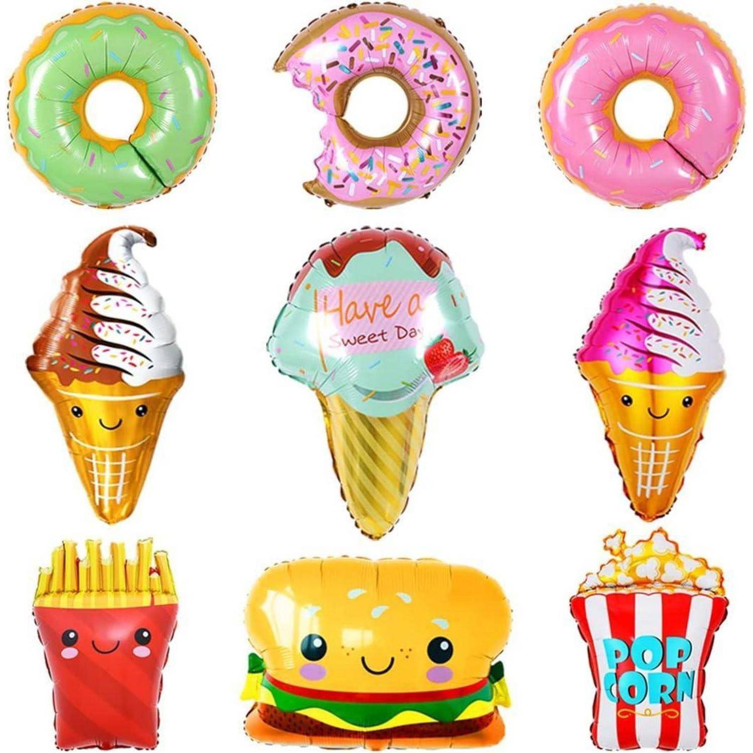 Bunte Cartoon-Essensballons mit Donuts, Eiscreme, Pommes Frites, einem Burger und Popcorn, jeweils mit glücklichen Gesichtsausdrücken.