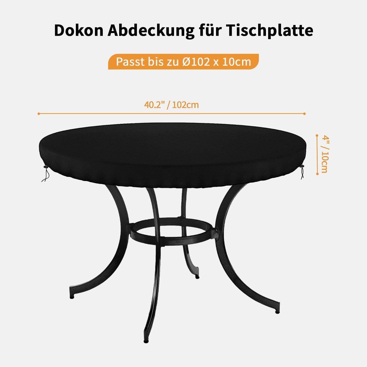 Ein schwarzer runder Tischdeckel, der bis zu einem Durchmesser von 102 cm und einer Höhe von 10 cm passt, wird auf einem runden Tisch gezeigt. Text in Deutscher Sprache oben.