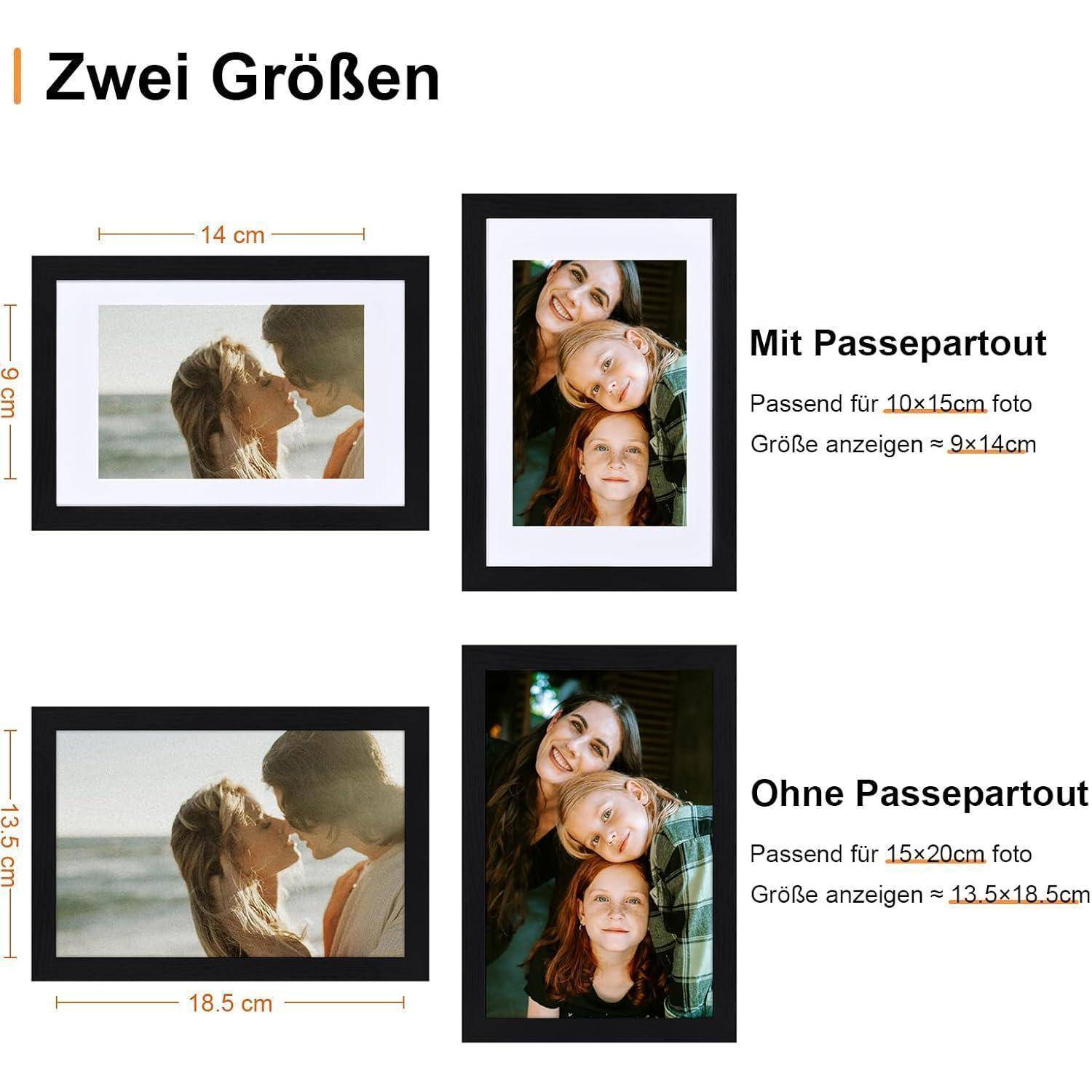Abbildung zeigt zwei Rahmengrößen. Links: Rahmen mit Passepartout für 10x15cm Fotos, Außengröße 14x19cm. Rechts: Rahmen ohne Passepartout für 15x20cm Fotos, Außengröße 18,5x23,5cm.