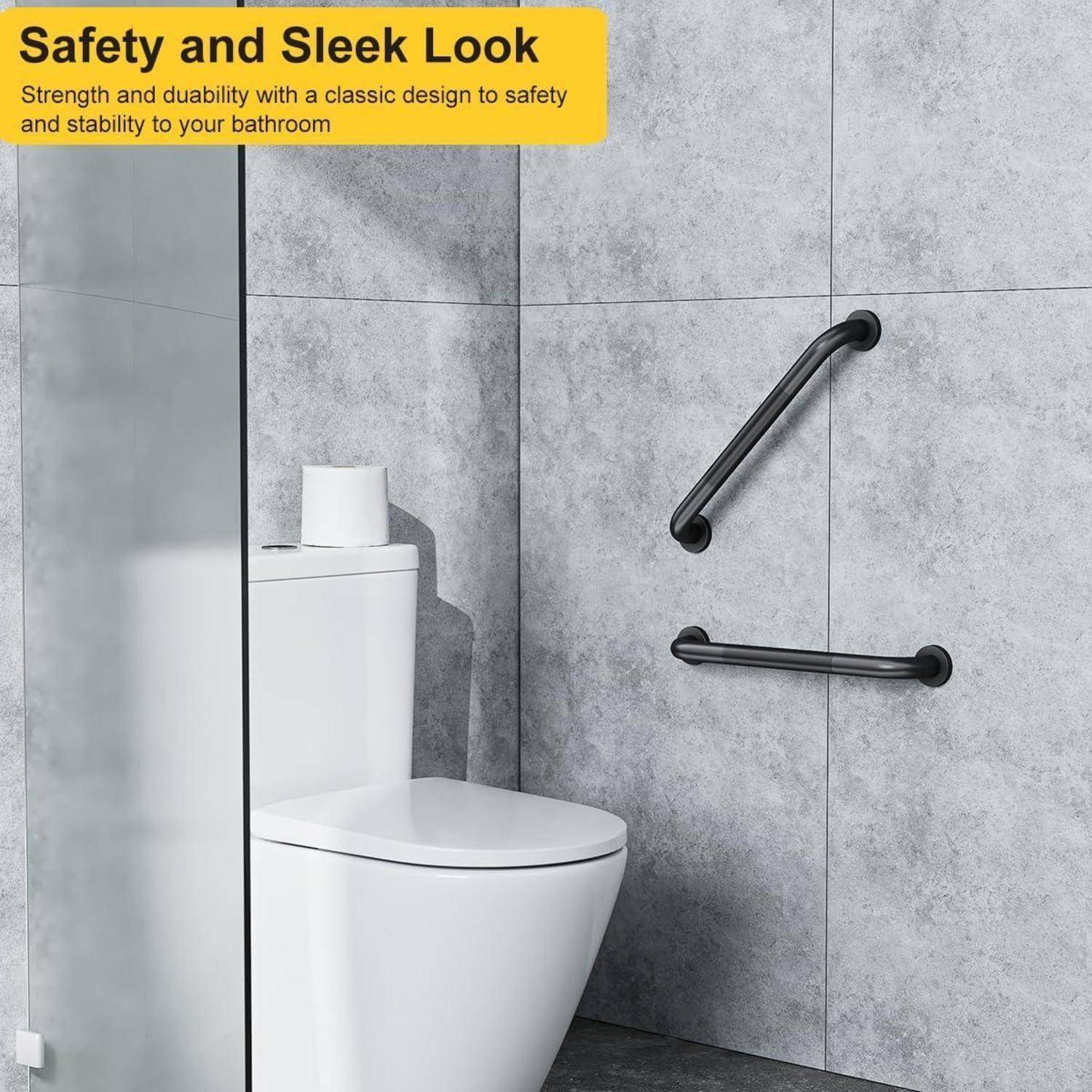 Ein modernes Badezimmer mit grauer Fliesenausstattung verfügt über eine weiße Toilette mit einer Haltestange an der Wand für die Sicherheit. Eine Duschabtrennung ist teilweise sichtbar.