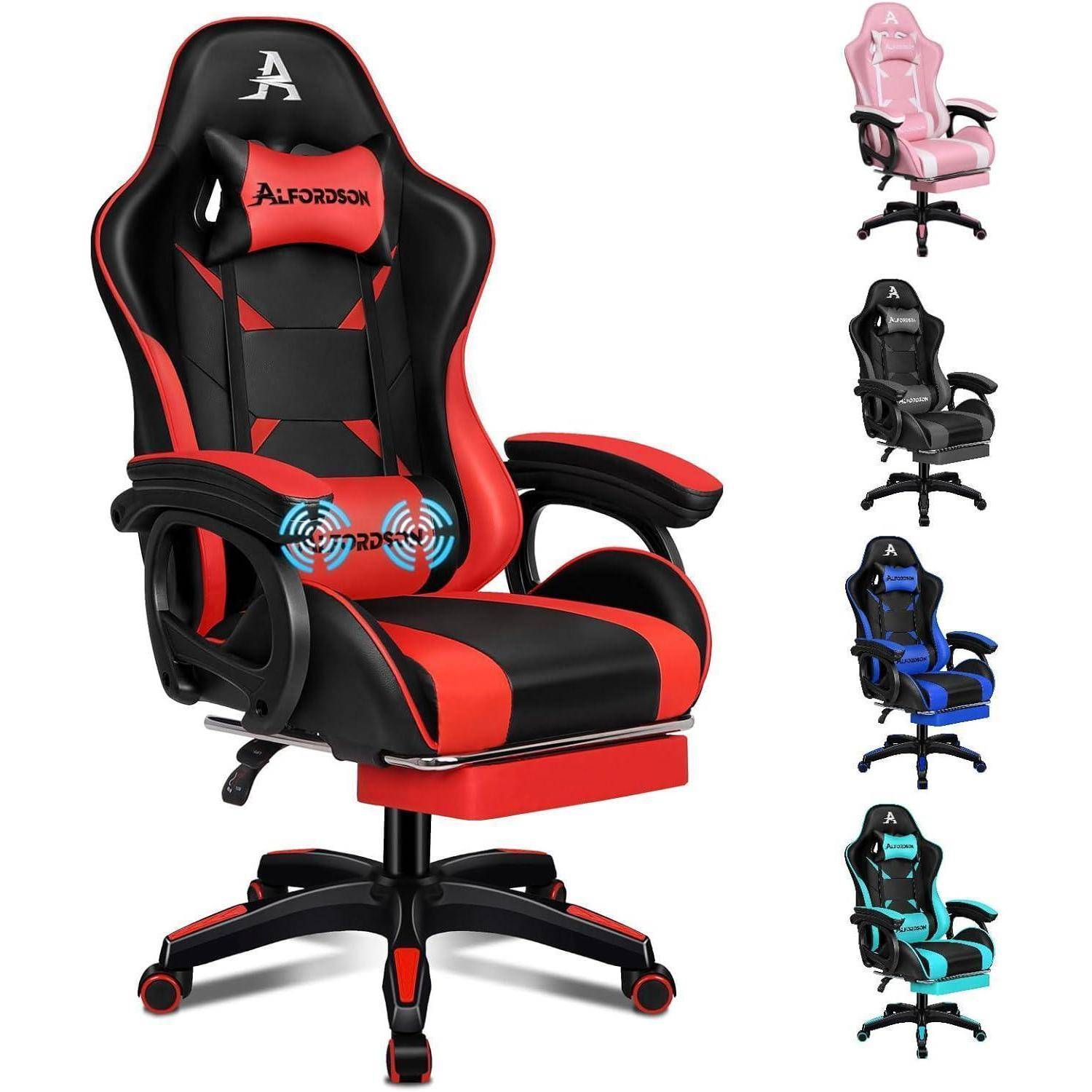 Gamer-Stuhl in Schwarz und Rot mit ergonomischem Design, hoher Rückenlehne und verstellbaren Armlehnen. Vier zusätzliche Farboptionen auf der rechten Seite angezeigt: Rosa, Schwarz-Grau, Blau und Türkis.